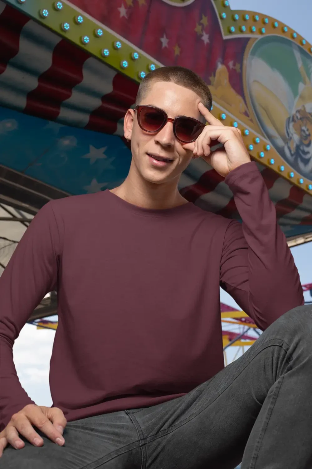 Solid Maroon Full Sleeve T Shirt - Image 3